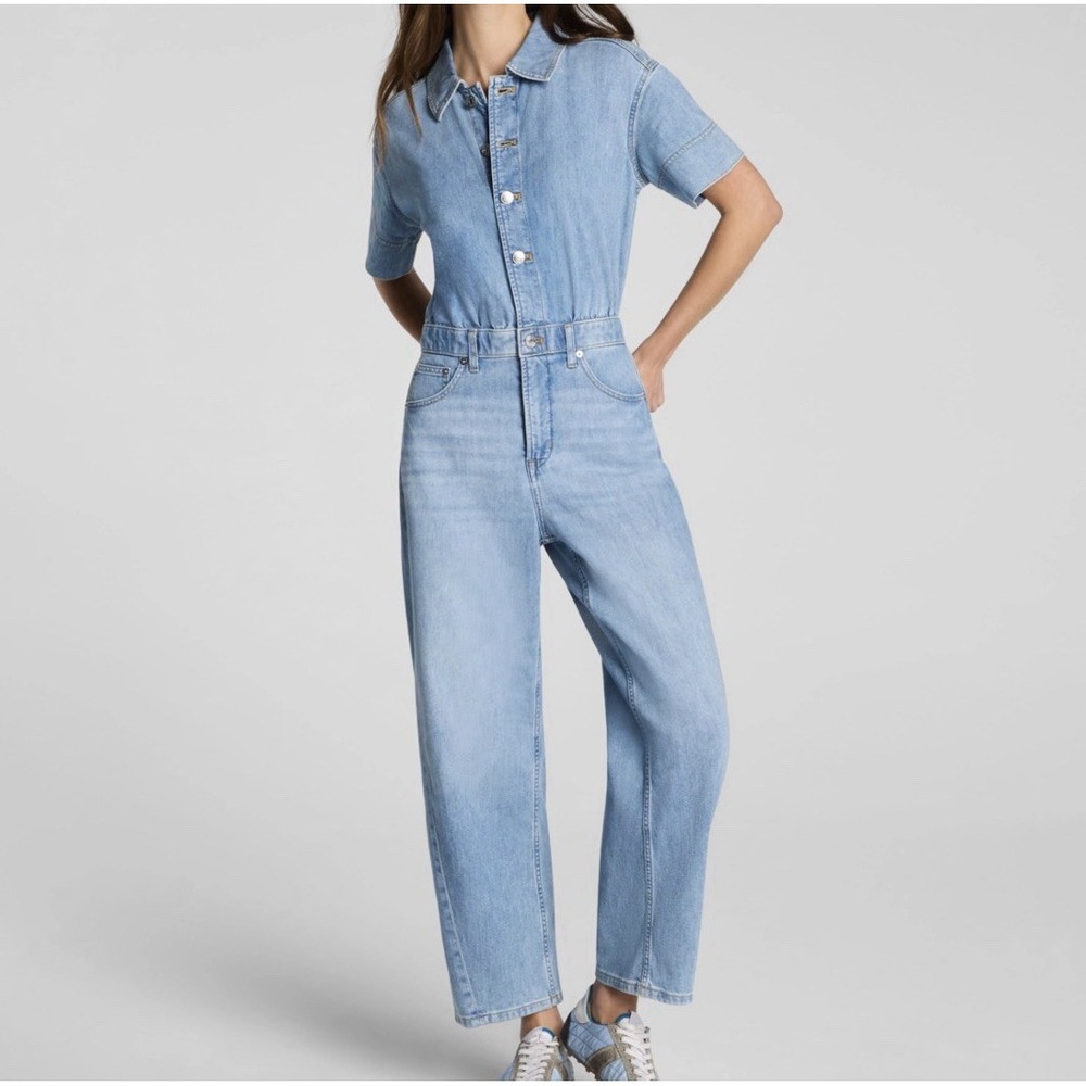 NWT $198 Spanx Lightweight Denim Barrel Leg Jumpsuit Collared Stretch Sz M Boho
